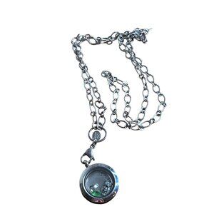 Origami Owl Silvertone Charm Locket Necklace Faith Blue Rhinestone Eyes Green